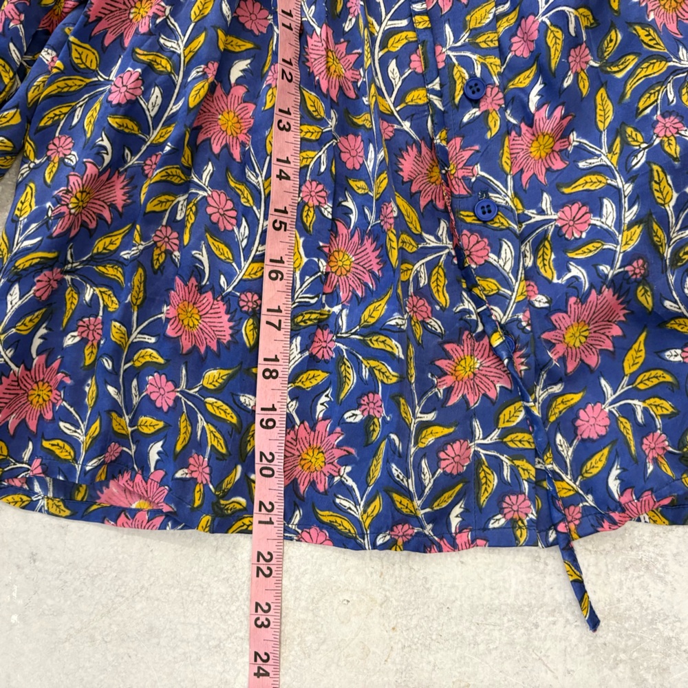 Emerson Fry || Emmaline Blouse Blue Chrysanthemum Satin Block Print Floral - Picture 8 of 10